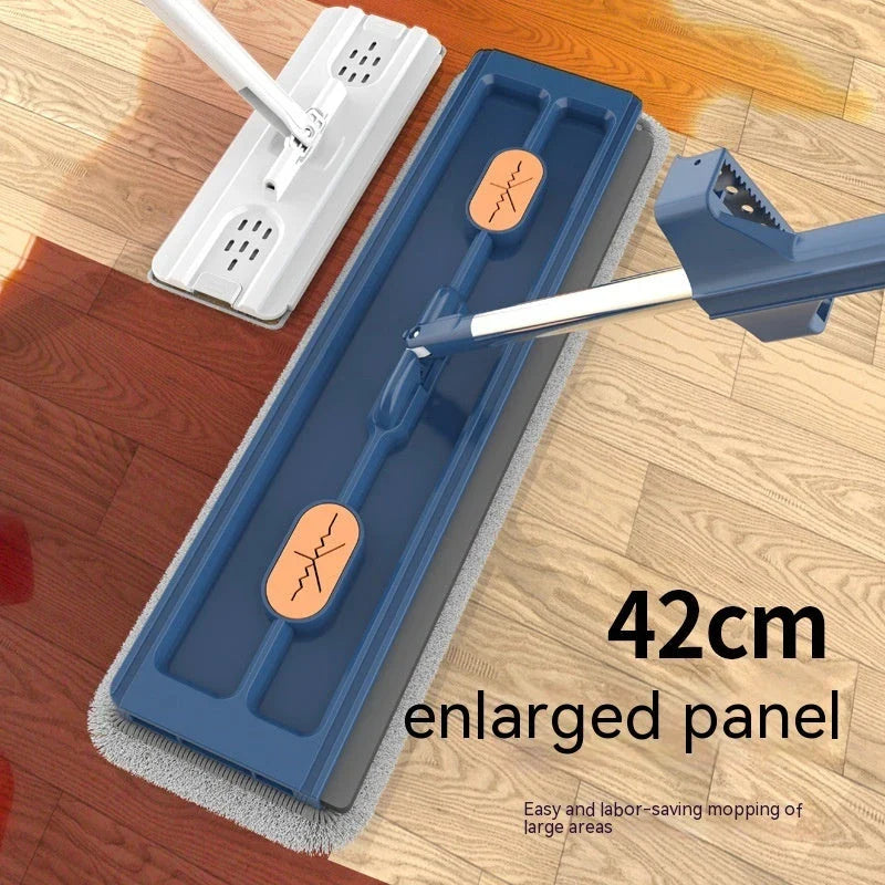 A premium 360° rotating flat mop with a stainless steel handle, suitable for cleaning various flooring types in homes.