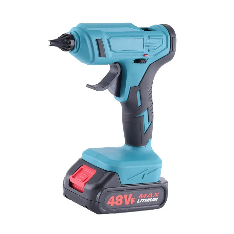 Cordless rechargeable hot melt glue gun with bare metal body, battery, charger, and pack of glue sticks.