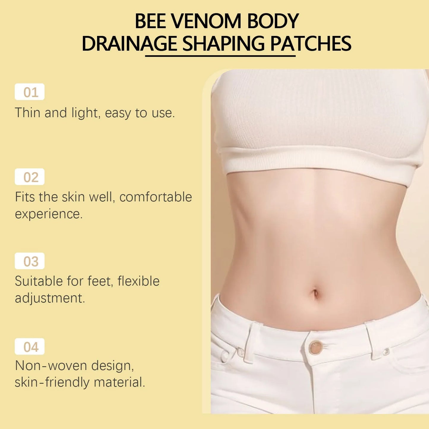 Pack of ten white bee venom and mugwort slimming foot care patches on blue background