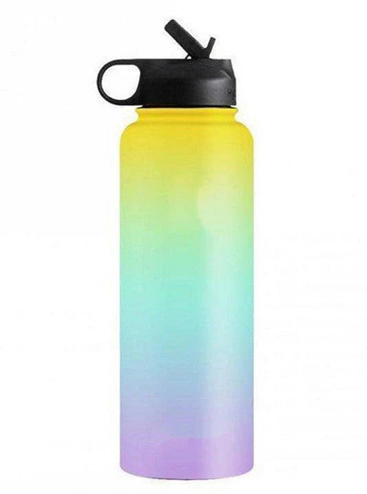 Stainless steel insulated water bottle with wide mouth and push-button lid for hot and cold beverages