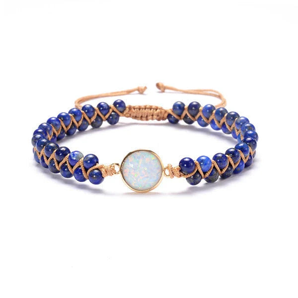 Stylish stone-wrapped bracelets featuring genuine amethyst and opal accents in a braided design