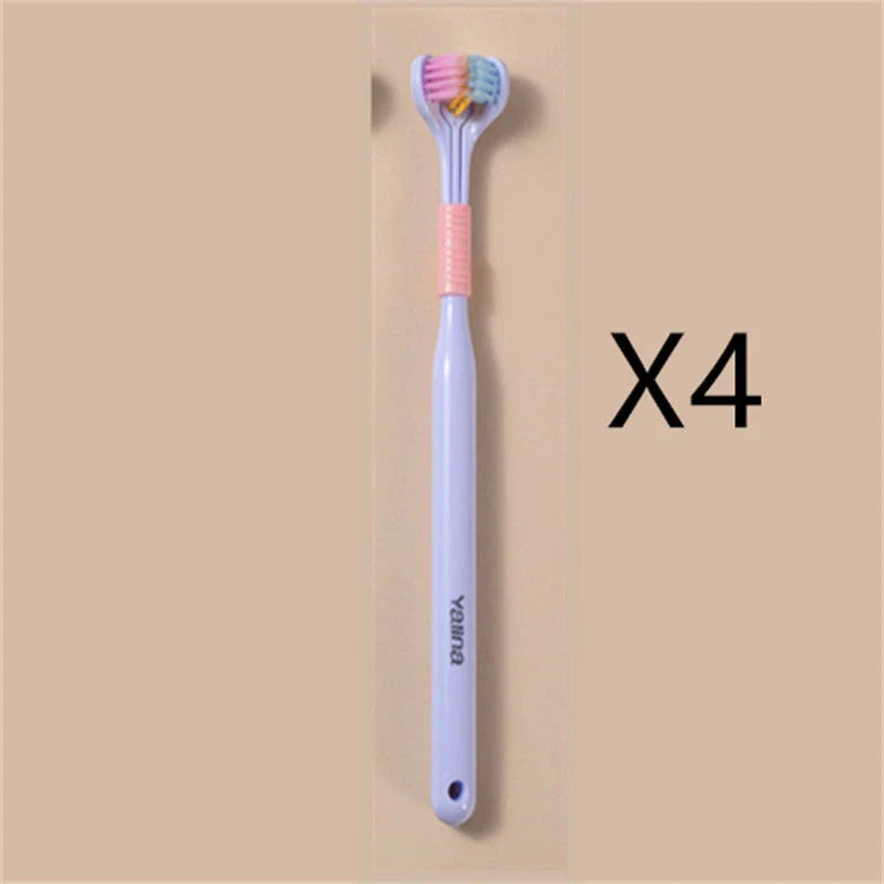 A soft bristle toothbrush with a unique triple-sided brush head for deep cleaning and customizable bristle firmness.