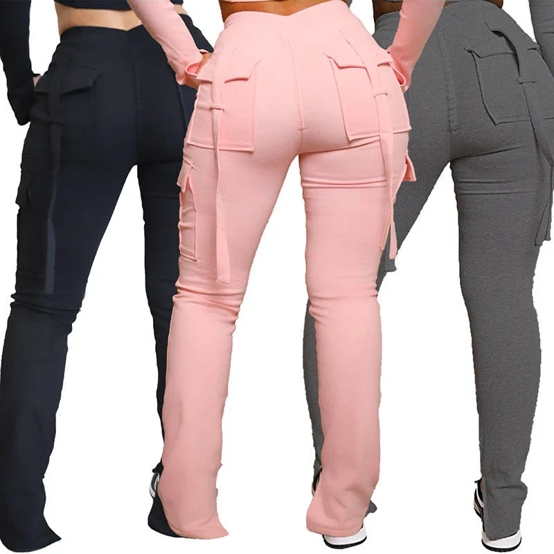 Versatile cargo pants for women with pockets, high-waist, drawstring, and wide-leg design in various colors and sizes