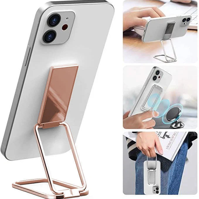Adjustable magnetic phone stand for desk and car use, compatible with all smartphones and tablets
