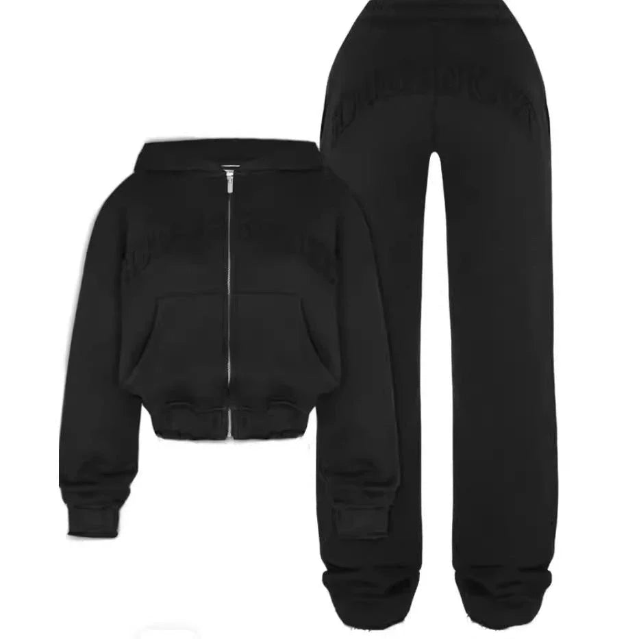 Stylish athleisure set featuring a zip-up sweatshirt with 3D pattern and comfortable drawstring pants in various colors