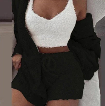A cozy 3-piece loungewear set featuring a long sleeve crop top and drawstring shorts in a variety of stylish colors.