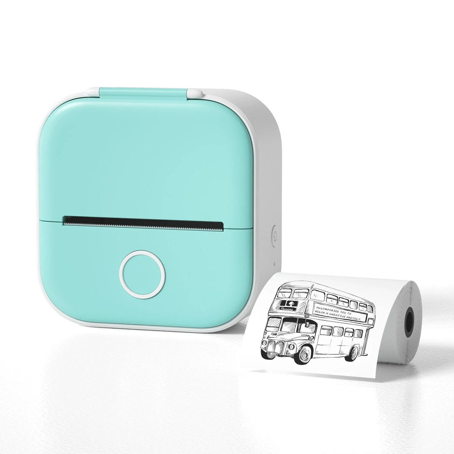 Compact Bluetooth-enabled thermal label printer in white, pink, and green colors with various label options
