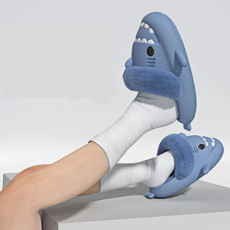 Cozy shark-inspired slippers with plush material and durable EVA soles for comfortable indoor and outdoor wear