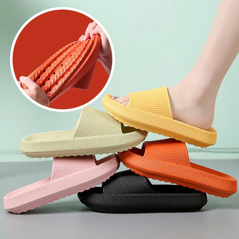 Cozy slip-on slippers in various colors for men and women, featuring soft fabric upper and non-slip EVA soles