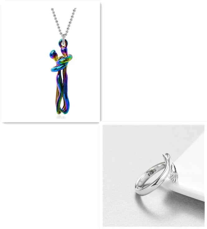 Stylish embracing pendant necklace in various colors, including rose gold, white black, black gold, and more. Minimalist design with a delicate chain.