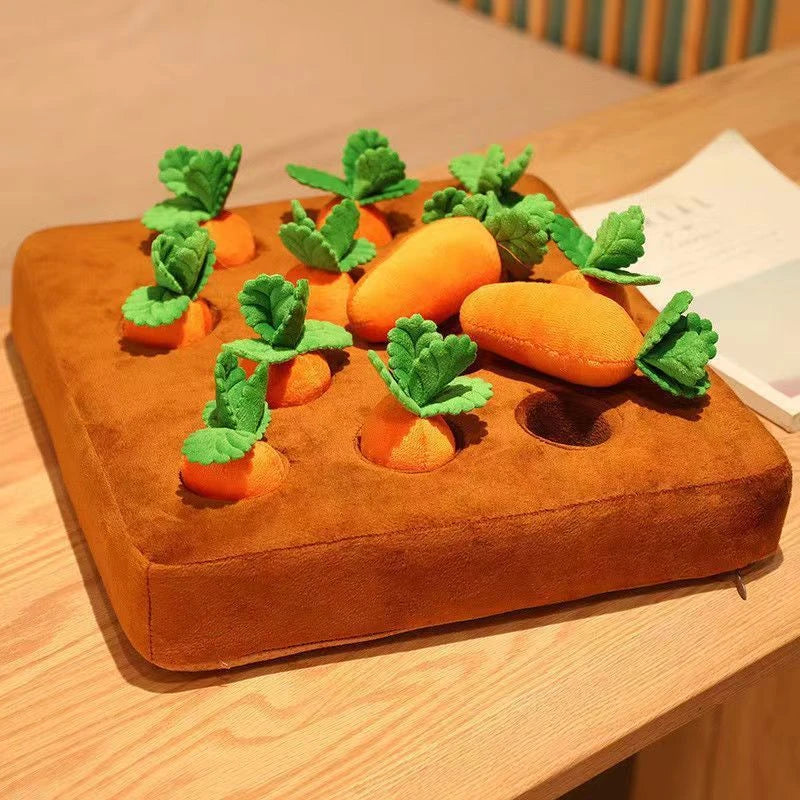 Plush carrot-shaped dog toy with snuffle mat for interactive play and mental stimulation