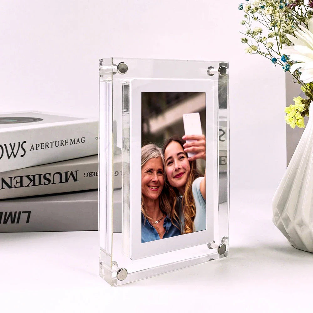 Stylish digital photo frame with high-resolution display, supports photo, video, and music playback