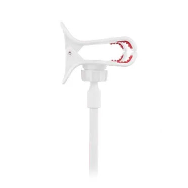 Black flexible long arm phone holder with V-clip gripping a smartphone, bent to position screen for bedside viewing.