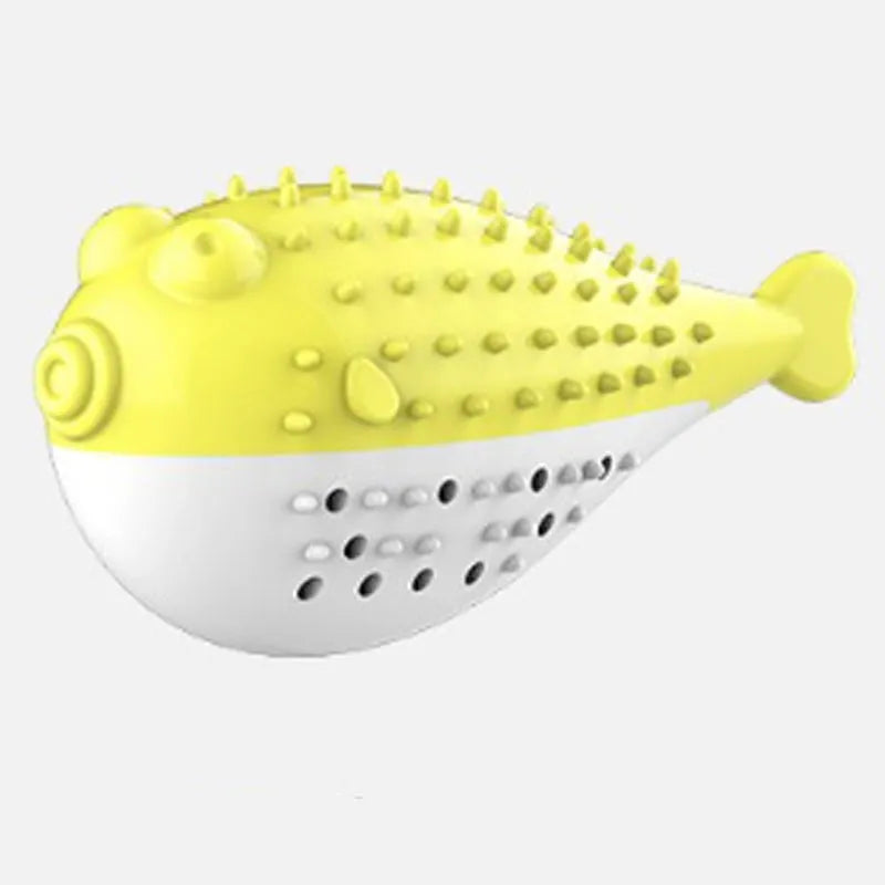 Mint Toys blue silicone fish-shaped cat chew toy on a wooden floor.