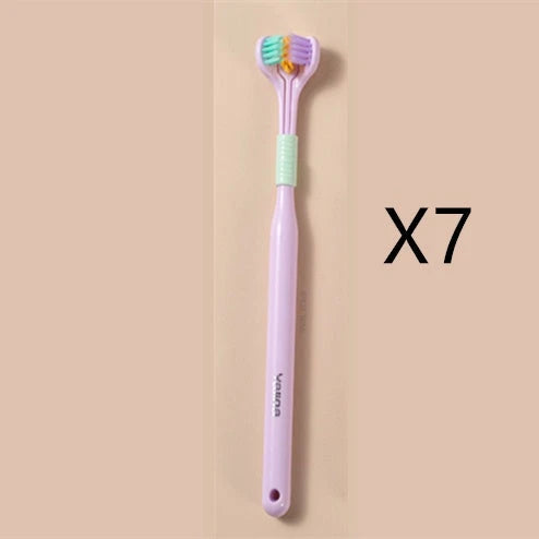 A soft bristle toothbrush with a unique triple-sided brush head for deep cleaning and customizable bristle firmness.