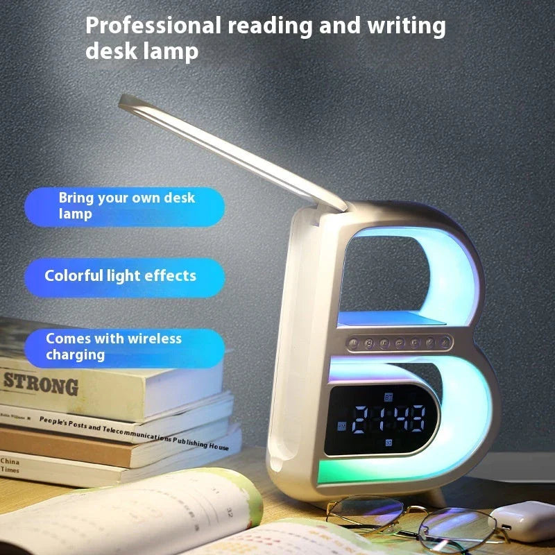 Multifunctional B-shaped Bluetooth speaker lamp with wireless charging, adjustable lighting, and alarm clock features