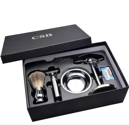 Premium double edge safety razor, badger hair shaving brush, and shaving accessories for a classic grooming routine