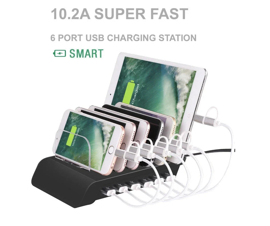 Premium 6-Port USB Charging Station for Mobile Devices - Sleek and Compact Charging Hub with Smart Charging Reminders