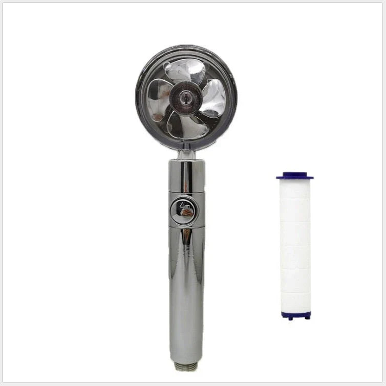 A high-pressure handheld shower head with a turbo-charged water flow and a cotton filter for a luxurious, spa-like bathing experience.