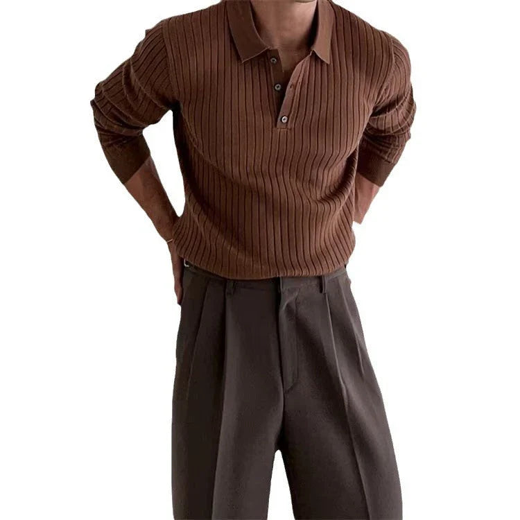 Stylish slim-fit men's knitted polo shirt in various colors, featuring a lapel button design for added sophistication