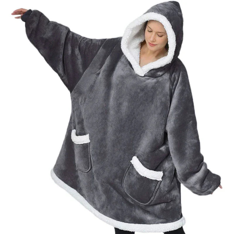 Cozy TV Hoodie Blanket in various colors, including pink, black, navy blue, wine red, and grey, with convenient pockets for relaxing at home