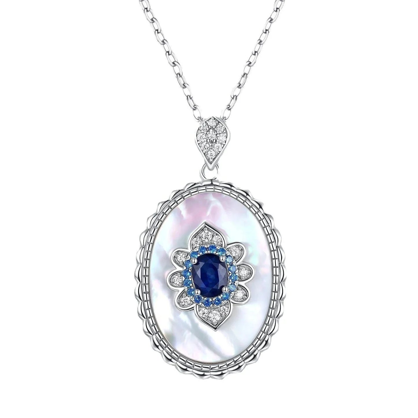 Elegant sapphire and diamond pendant necklace in 925 sterling silver, featuring a sparkling gemstone design and adjustable chain.
