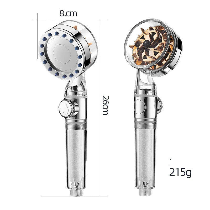 High-pressure turbo shower head with powerful water flow, made of durable ABS and stainless steel materials