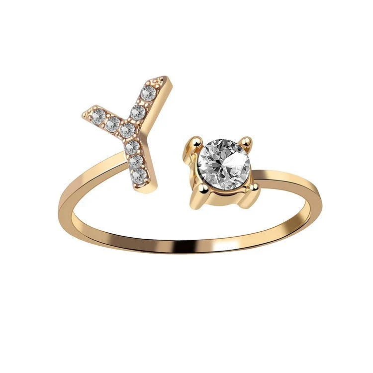 Personalized Initial Letter Crystal Ring with Adjustable Design in Gold, Silver, and Rose Gold Colors