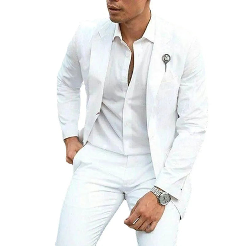 Men's white slim-fit two-piece wedding suit jacket and trousers on a hanger.