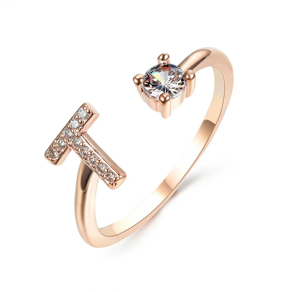 Personalized Initial Letter Crystal Ring with Adjustable Design in Gold, Silver, and Rose Gold Colors
