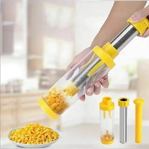 Yellow cylindrical corn stripper kitchen tool with ABS plastic and stainless steel construction