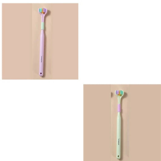 A soft bristle toothbrush with a unique triple-sided brush head for deep cleaning and customizable bristle firmness.