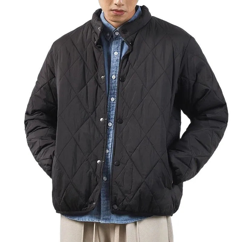 Men's black diamond lattice quilted winter jacket with a long 100cm length and loose fit.