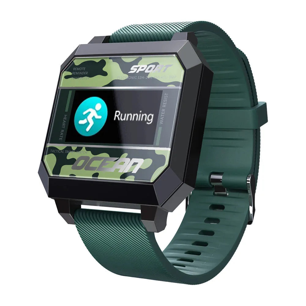 Smart sports watch with 0.96 inch touch screen, silicone strap, PC ABS case, available in black green orange