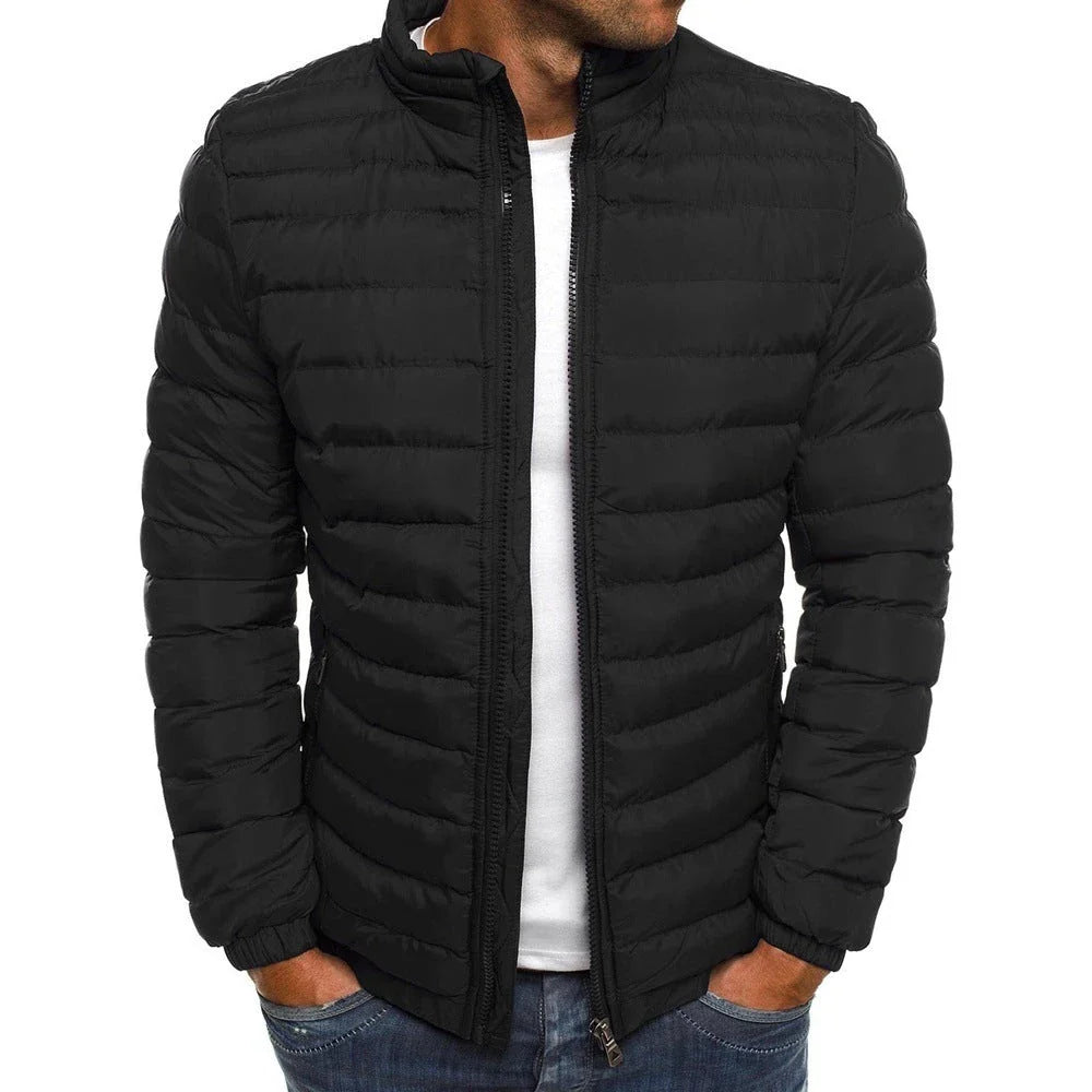 Men's insulated jacket in various solid colors with zipper closure, long sleeves, and pockets