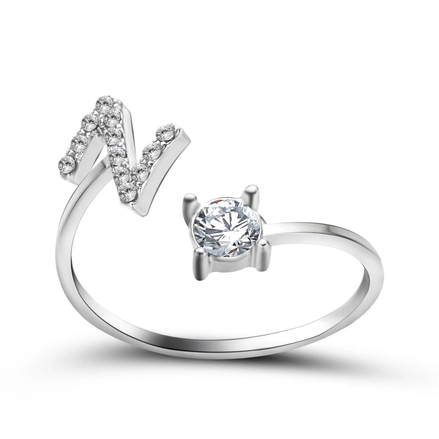 Personalized Initial Letter Crystal Ring with Adjustable Design in Gold, Silver, and Rose Gold Colors