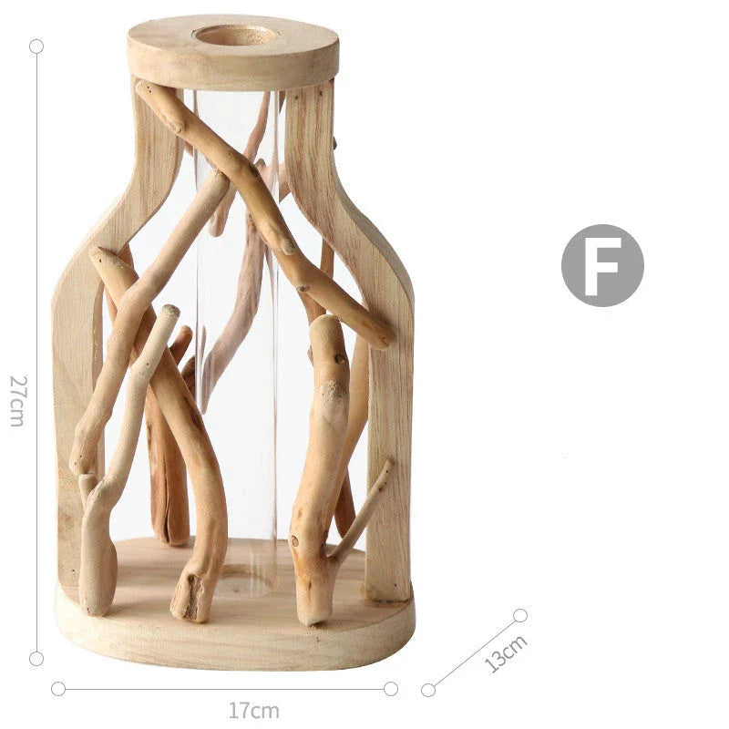 Handcrafted wooden vase with glass container for hydroponic floral displays and home decor