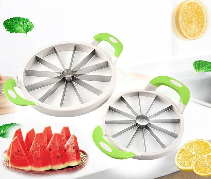 Premium stainless steel watermelon slicer with non-slip handles for quick, safe, and effortless watermelon cutting