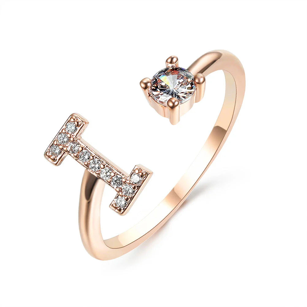 Personalized Initial Letter Crystal Ring with Adjustable Design in Gold, Silver, and Rose Gold Colors