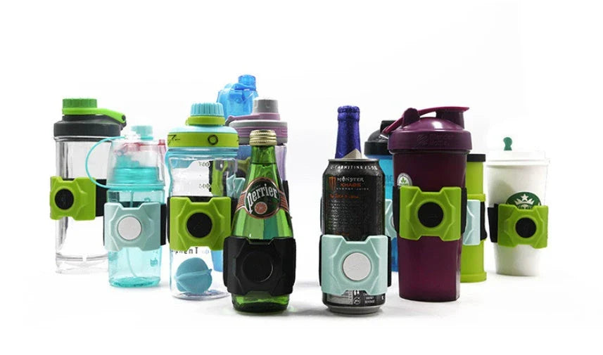 Magnetic water bottle holder in black, blue, and green colors, featuring a silicone cup that can securely attach to any metal surface.
