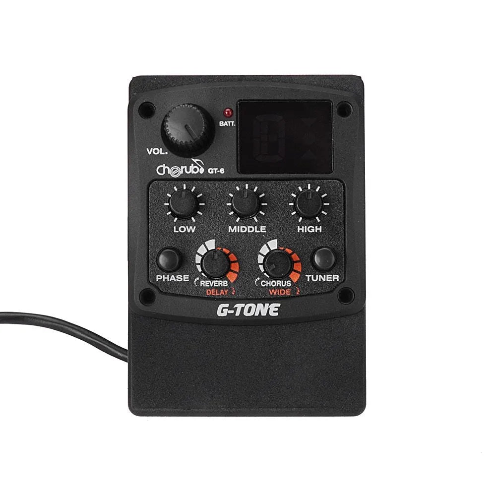 Cherub GT-6 black acoustic guitar EQ preamp pedal with piezo pickup and control knobs