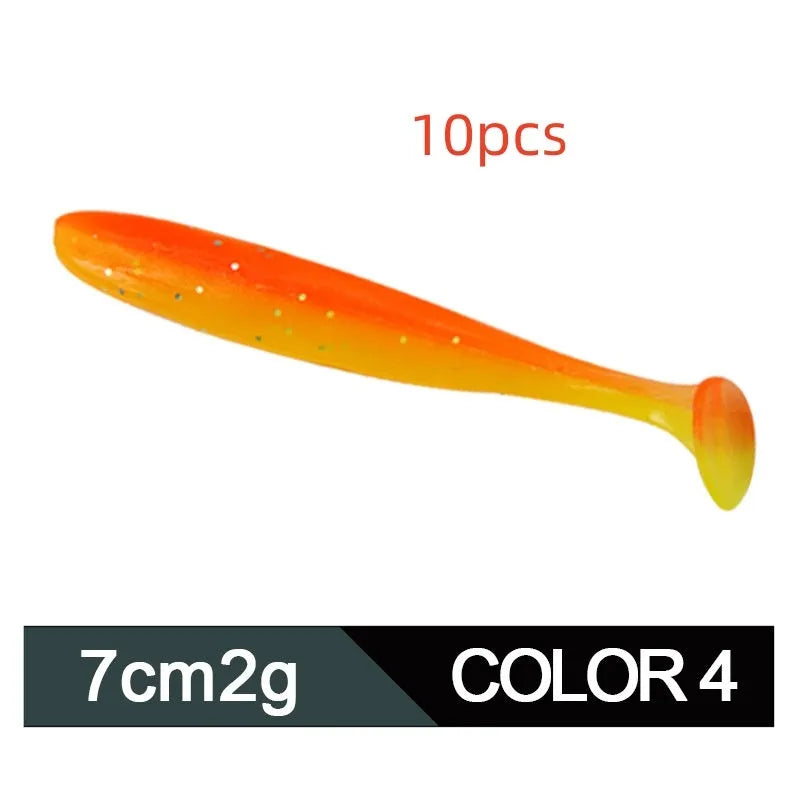 Soft plastic worm lure with a two-tone T tail, shown in one of its 14 colour options.