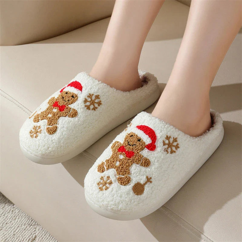 Festive Snowflake Gingerbread Slippers with plush upper and non-slip sole for cozy indoor wear