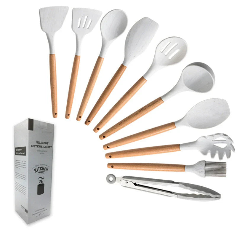 Premium silicone cooking tool set with elegant marbled wooden handles, designed for high-temperature cooking and baking tasks