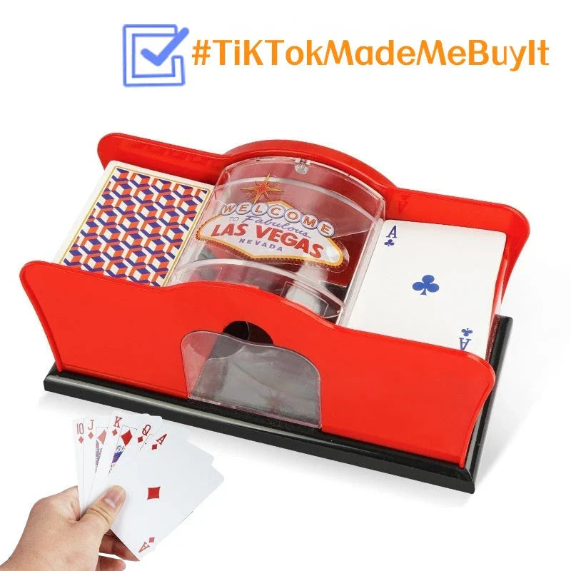 A manual card shuffler made of durable ABS material with a smooth hand crank for easy shuffling of playing cards for poker, blackjack, and other card games.