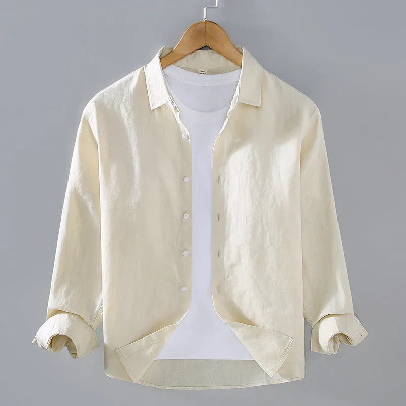 Men's pure linen long sleeve cardigan style shirt in solid colour
