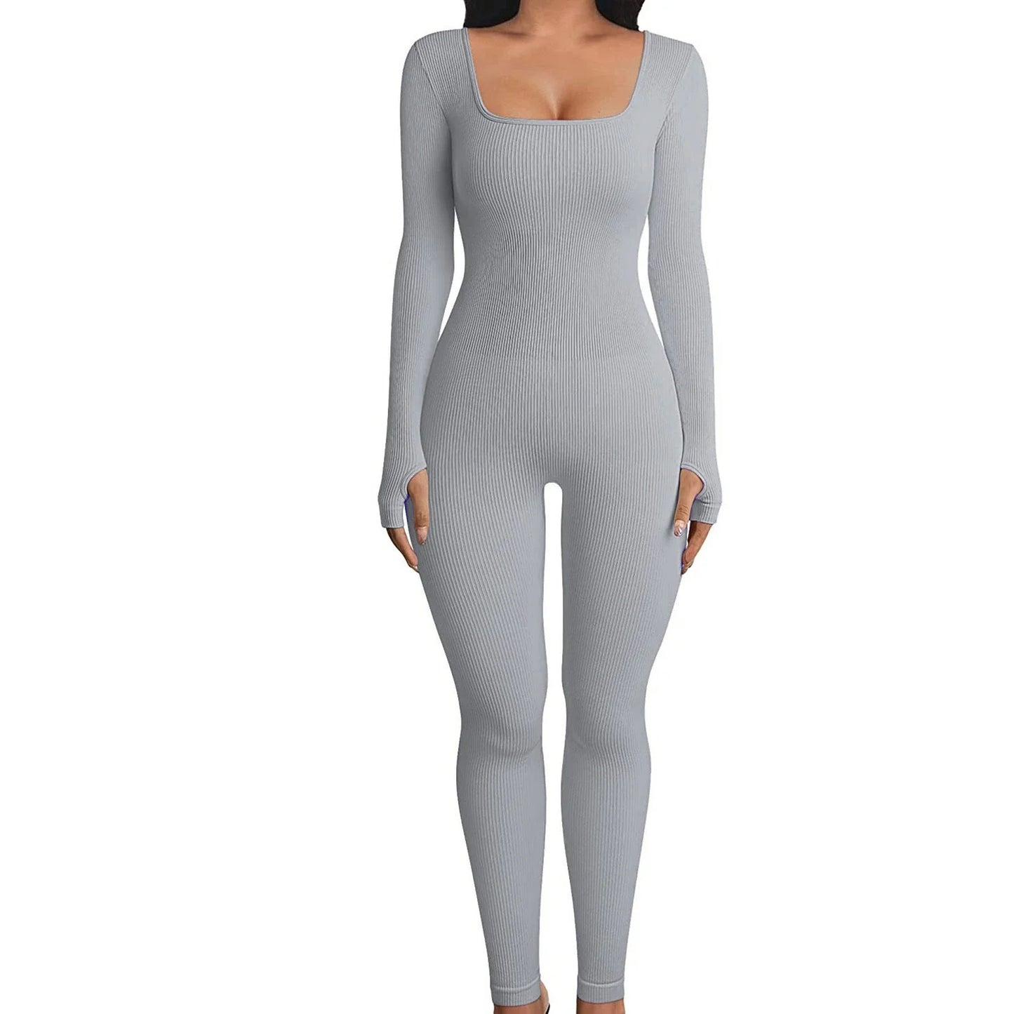 A stylish women's yoga jumpsuit with a square collar and long sleeves, available in a variety of vibrant colors.