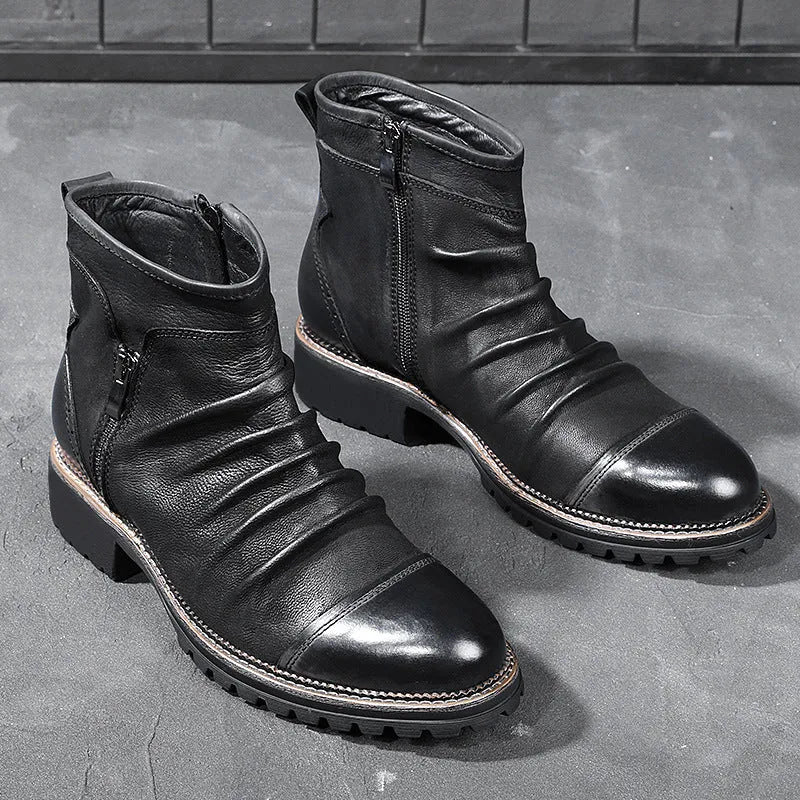 Black mid-calf cowboy boots with side zipper, round toe, and a horseshoe-shaped heel.
