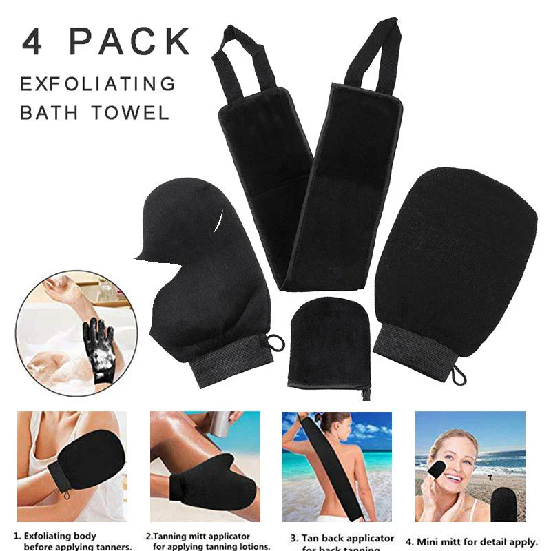 Premium self-tanning applicator kit with exfoliating glove, tanning mitt, and back applicator for a flawless, streak-free tan