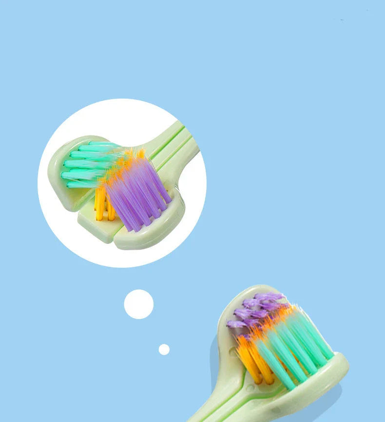 A soft bristle toothbrush with a unique triple-sided brush head for deep cleaning and customizable bristle firmness.